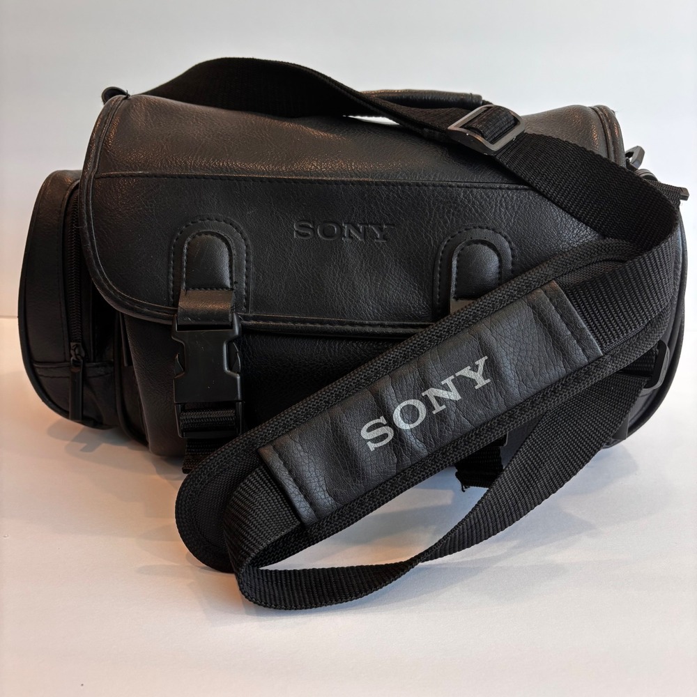 Sony Vintage Camera Bag Black Faux Leather Padded Shoulder Strap Multi Pocket